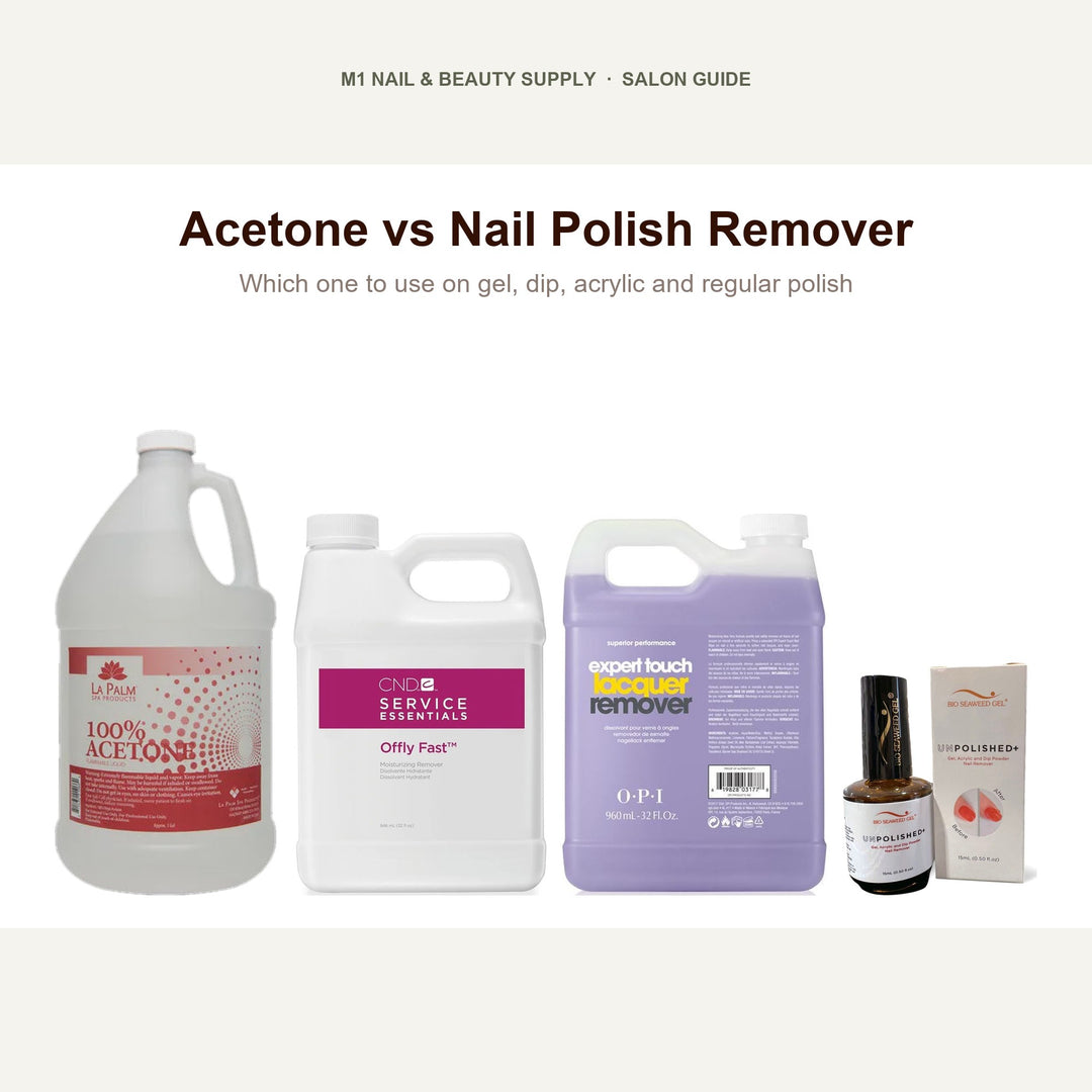 La Palm 100% Acetone gallon beside CND Offly Fast, OPI Expert Touch and Bio Seaweed UNPOLISHED+ removers