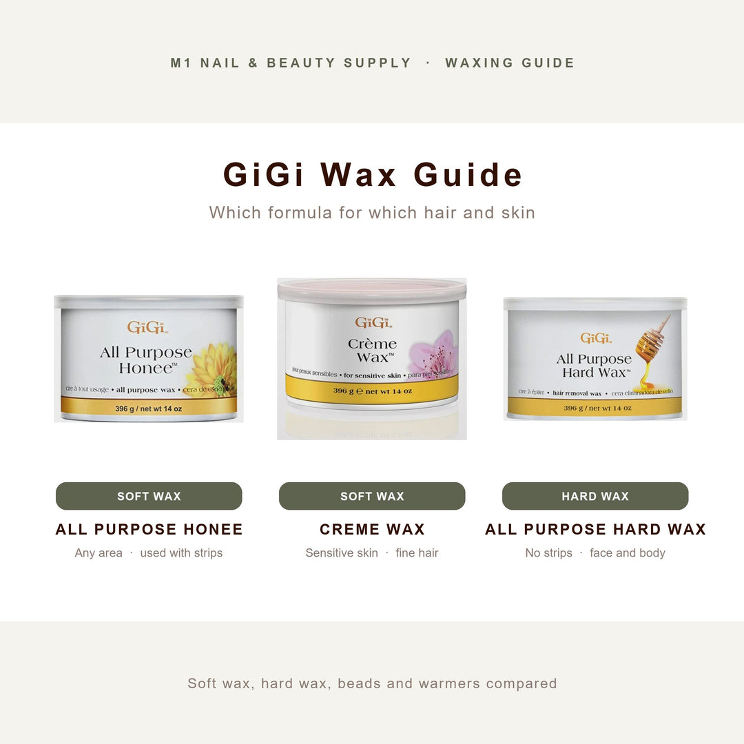 GiGi wax guide: All Purpose Honee and Creme soft wax and All Purpose Hard Wax 14 oz cans