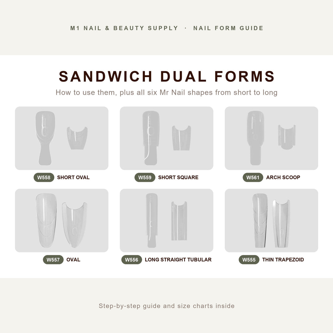 Mr Nail sandwich dual forms, 6 shapes from short to long: W558, W559, W561, W557, W556 and W555, top and bottom molds