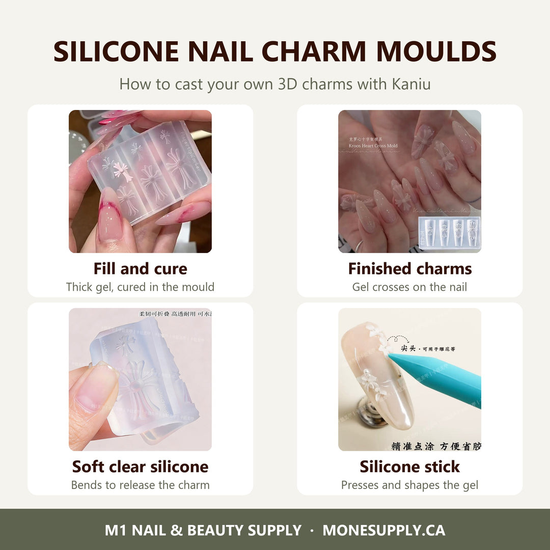 Kaniu silicone nail charm moulds, gel-cast cross charms and the silicone stick