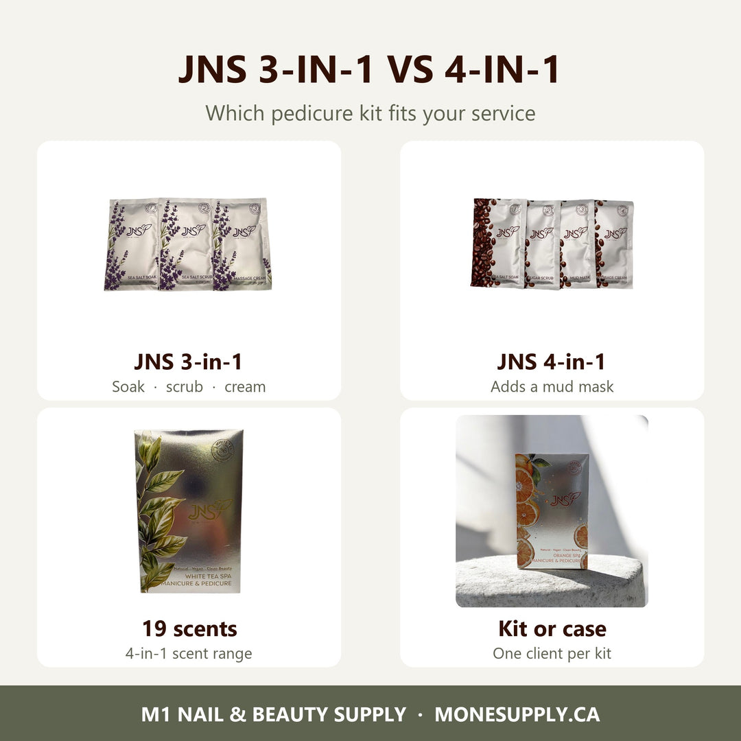 JNS New York 3-in-1 and 4-in-1 pedicure kit packets and boxes