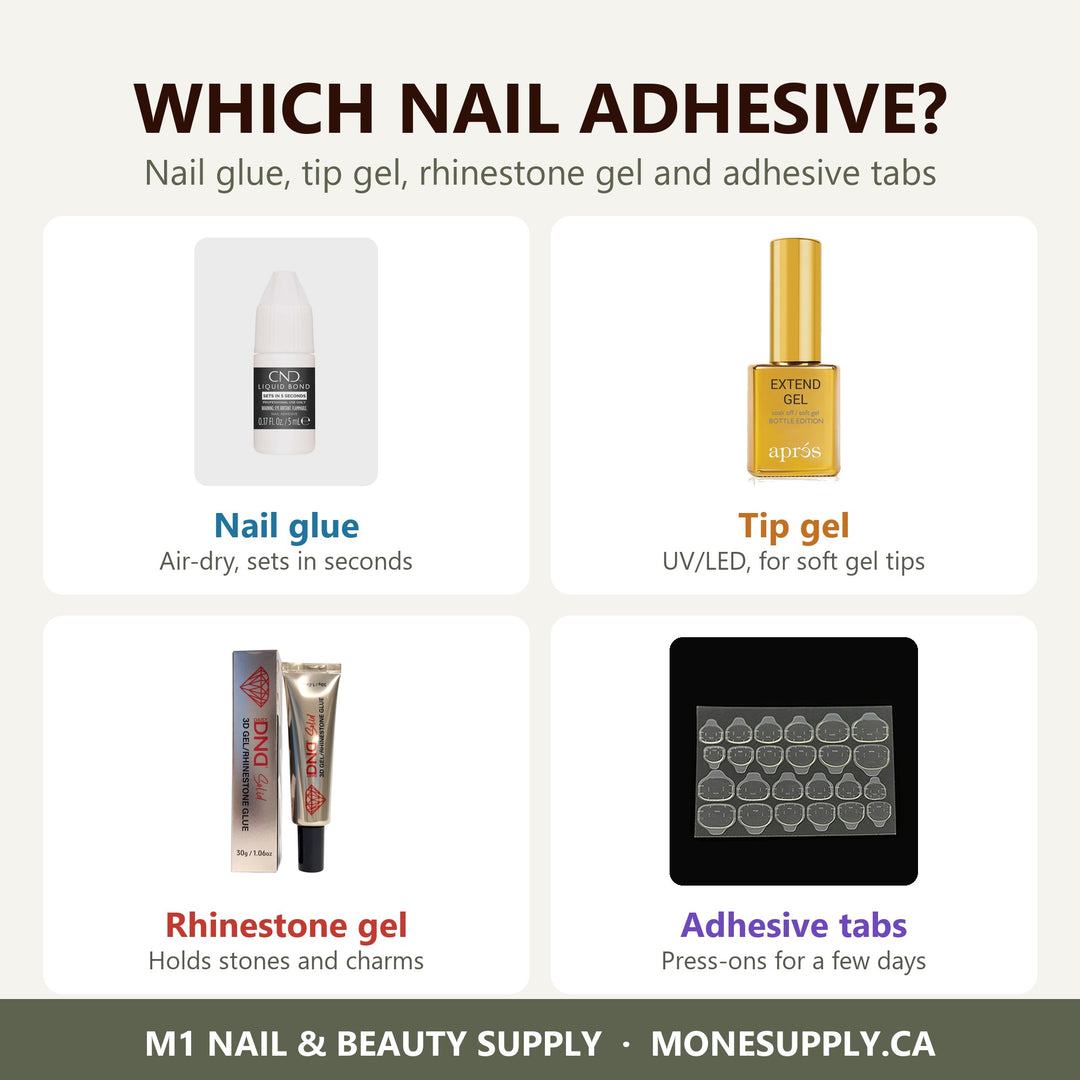 Which nail adhesive: nail glue, tip gel, rhinestone gel and adhesive tabs, with CND Liquid Bond, Aprés Extend Gel, DND 3D Gel / Rhinestone Glue and jelly adhesive tabs