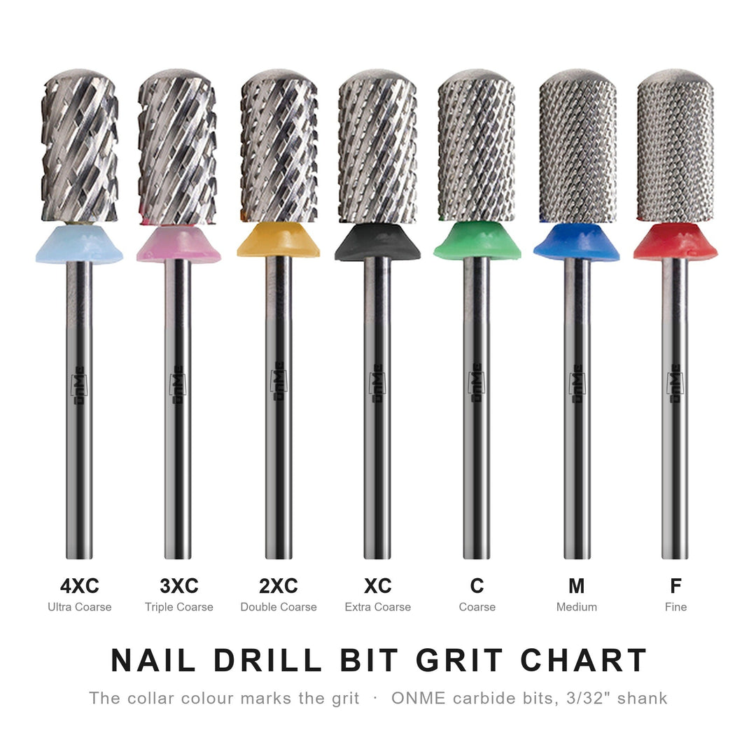 ONME carbide nail drill bits from 4XC to F with their grit collar colours