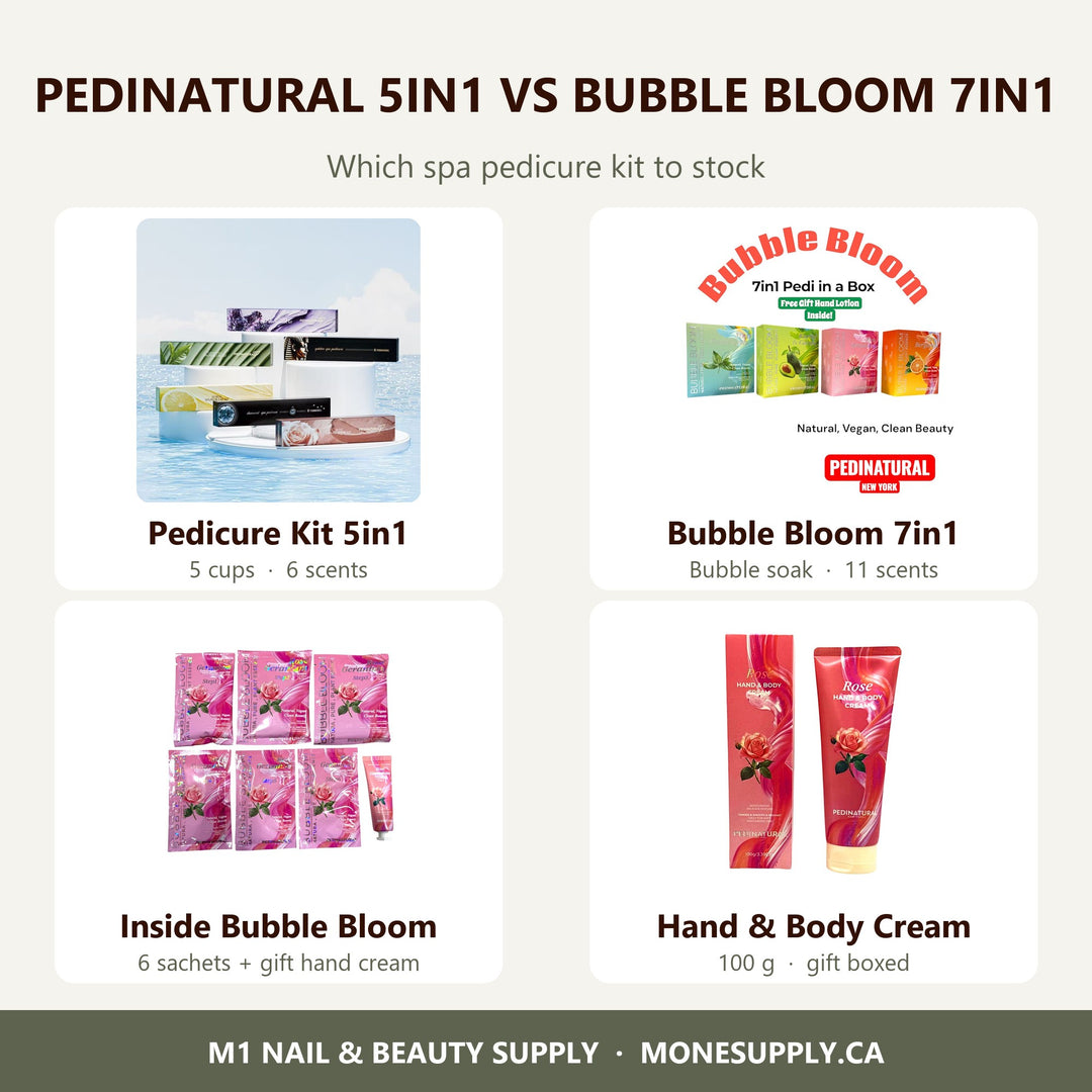 Pedinatural 5in1 and Bubble Bloom 7in1 spa pedicure kits with Hand & Body Cream