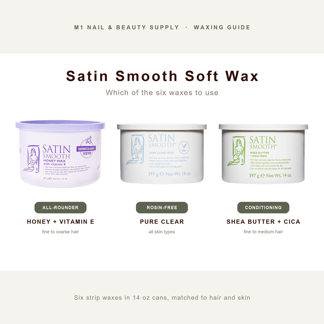 Satin Smooth Honey, Pure Clear and Shea Butter + Cica soft wax in 14 oz cans