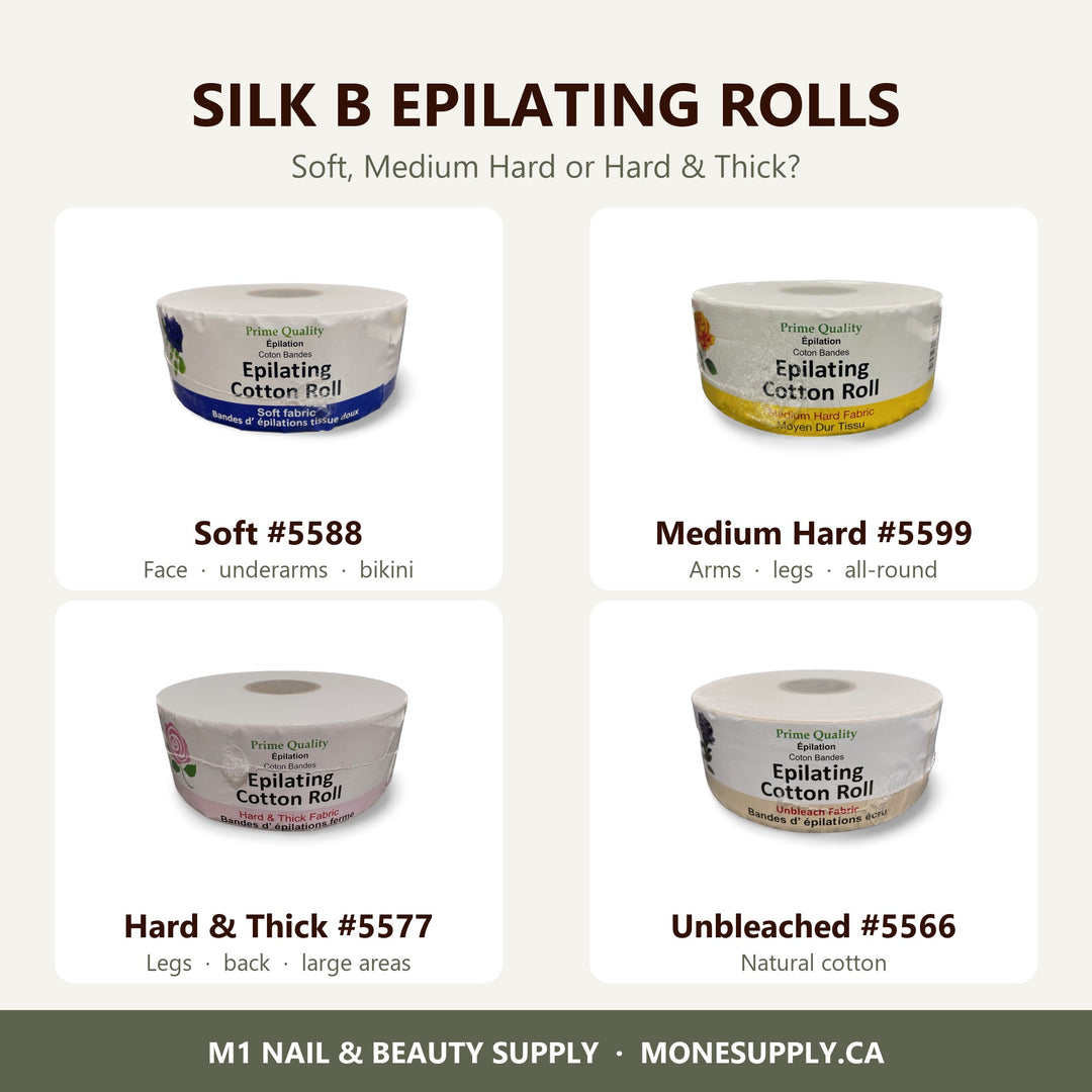 Silk B epilating cotton rolls in Soft, Medium Hard, Hard & Thick and Unbleached