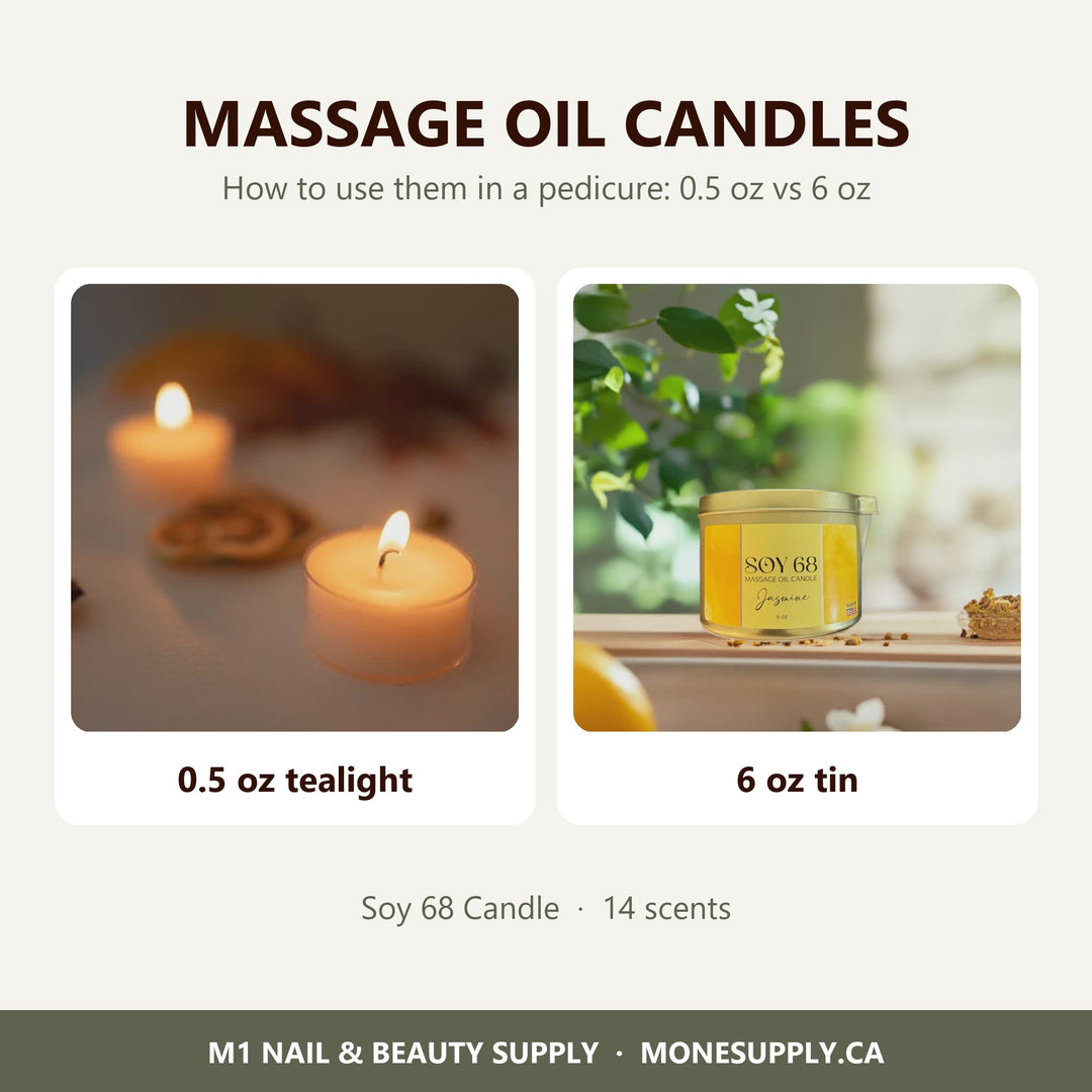 Soy 68 massage oil candles: 0.5 oz tealight and 6 oz tin