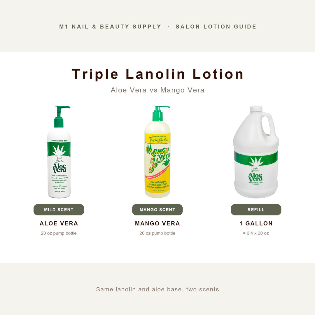 Triple Lanolin Aloe Vera and Mango Vera lotion in 20 oz pump bottles next to a 1 gallon refill jug