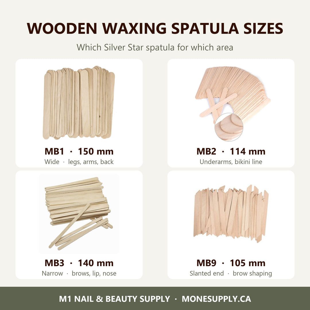 Silver Star wooden waxing spatulas MB1, MB2, MB3 and MB9 compared by size