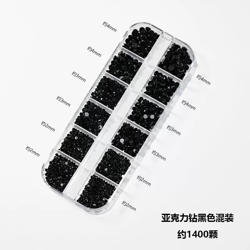 12 Grids Box Nail Accessories - Mini Black Rhinestone