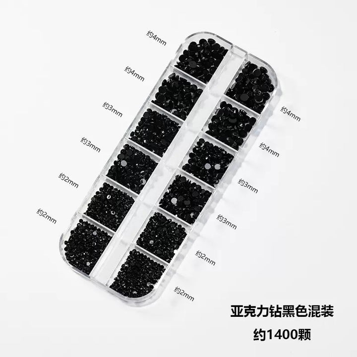 12 Grids Box Nail Accessories - Mini Black Rhinestone
