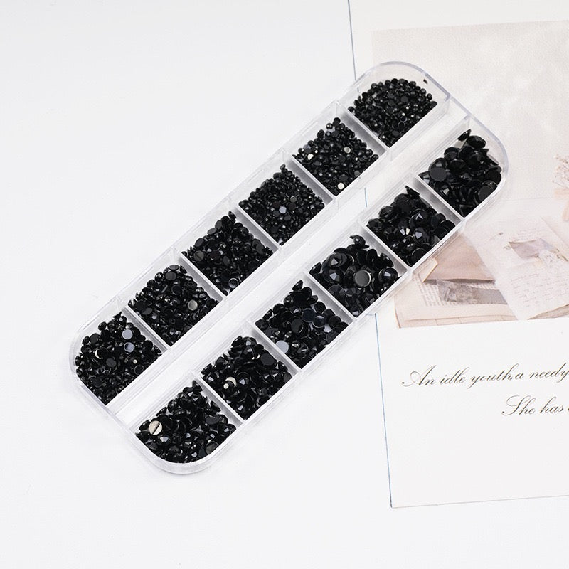12 Grids Box Nail Accessories - Mini Black Rhinestone