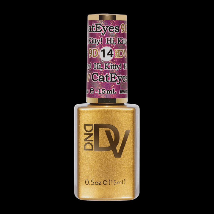 Gold nail polish bottle with purple label on a white background