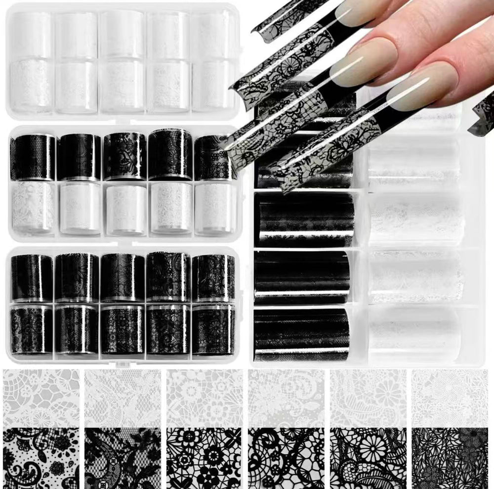 Black & White Lace Foil Transfer Roll Sticker 10rolls/Box - Nail Stickers (view 2)