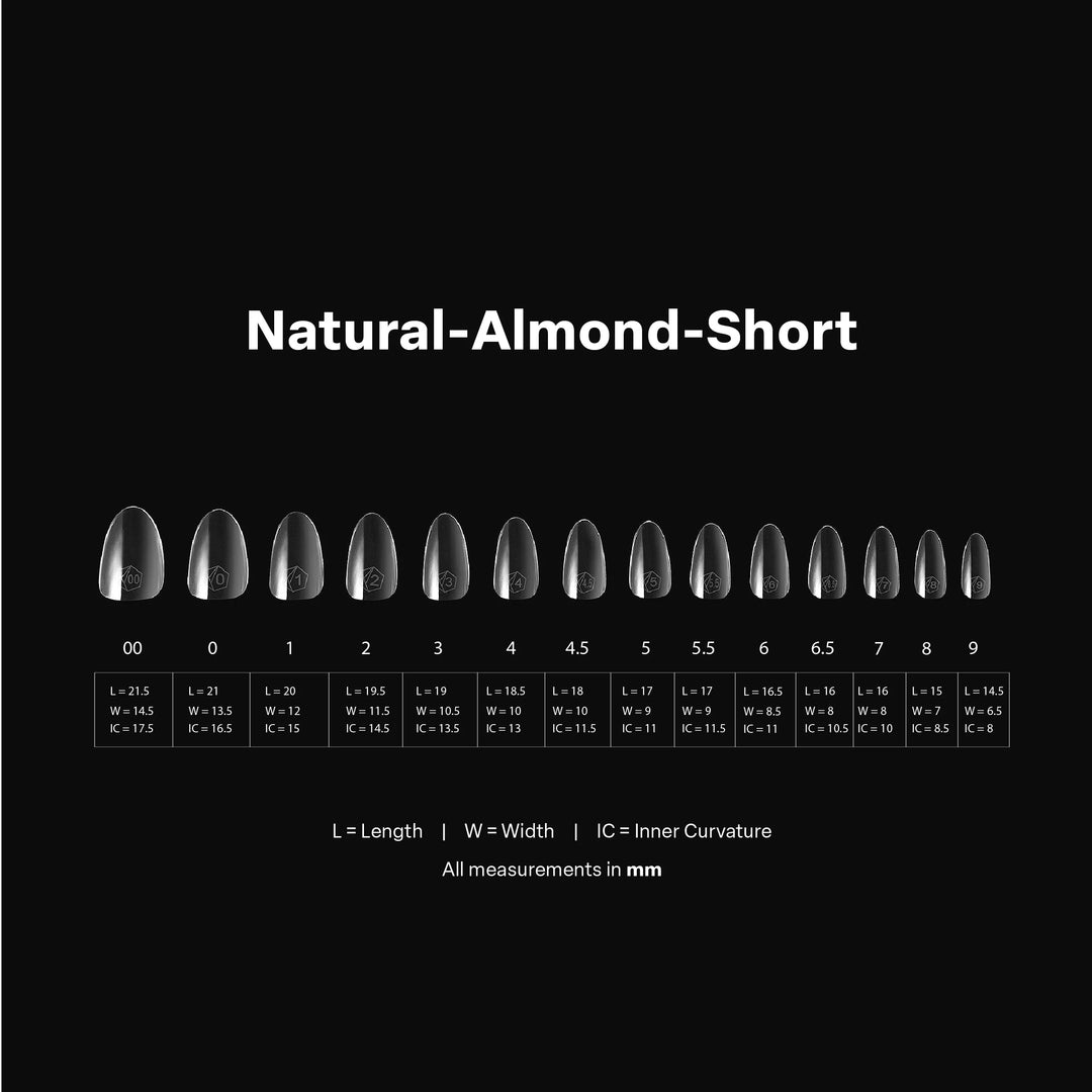 Aprés Gel-X® Natural Almond Short Box of Tips - Mini (280pcs) - size chart