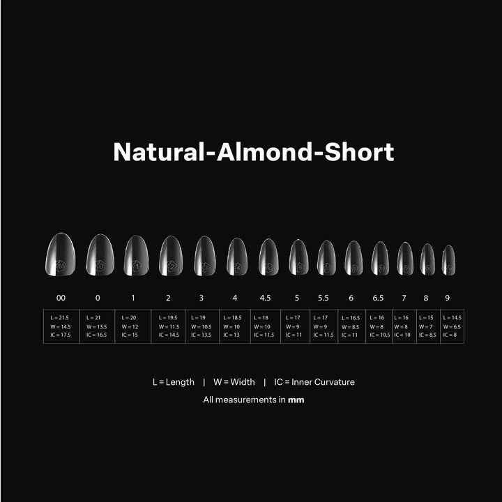 Aprés Gel-X® Natural Almond Short Box of Tips - Pro (600pcs) - size chart