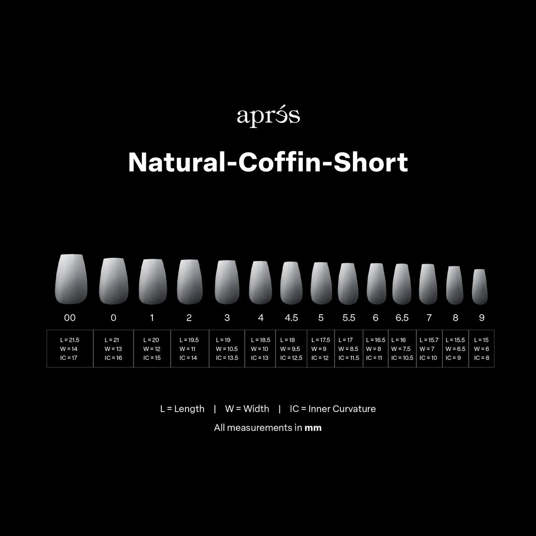 Aprés Ombré Gel-X® Natural Coffin Short Tip Box of Tips (210pcs) - size chart