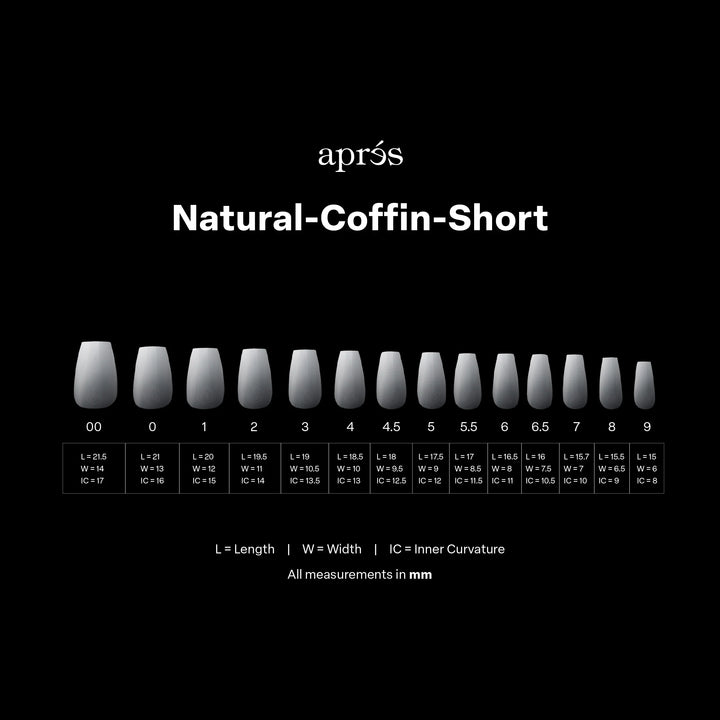 Aprés Ombré Gel-X® Natural Coffin Short Tip Box of Tips (210pcs) - size chart