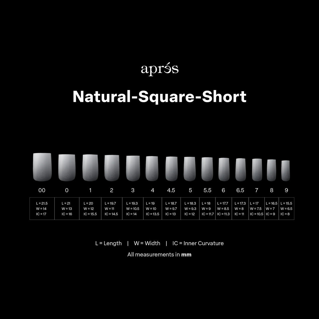Aprés Ombré Gel-X® Natural Square Short Tip Box of Tips (210pcs) - size chart