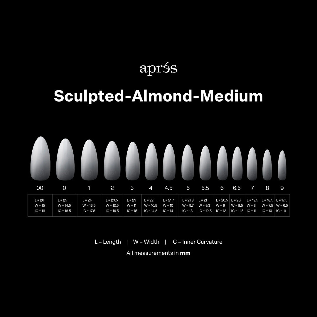 Aprés Ombré Gel-X® Sculpted Almond Medium Tip Box of Tips (210pcs) - size chart