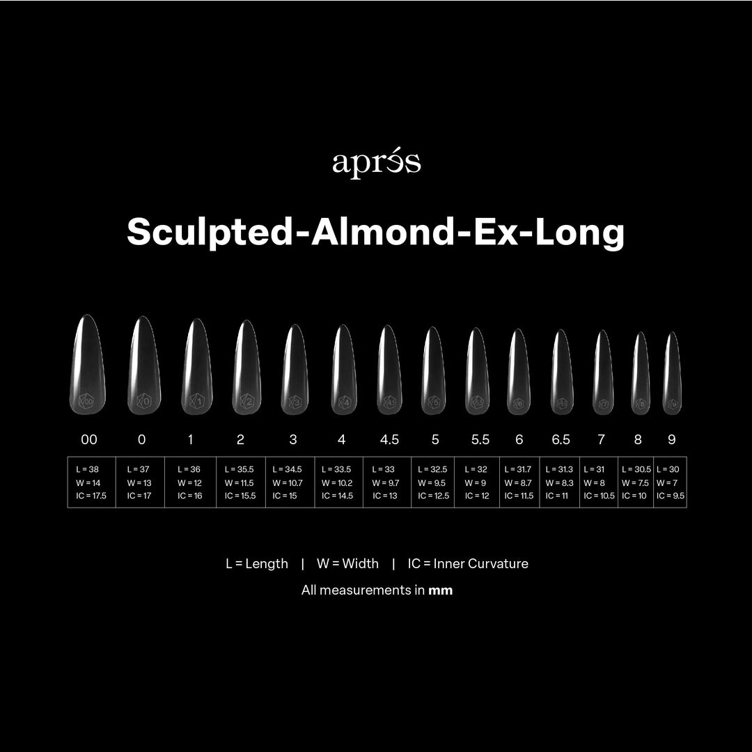 Aprés Gel-X® Sculpted Almond Extra Long Box of Tips - Mini (210pcs) - size chart
