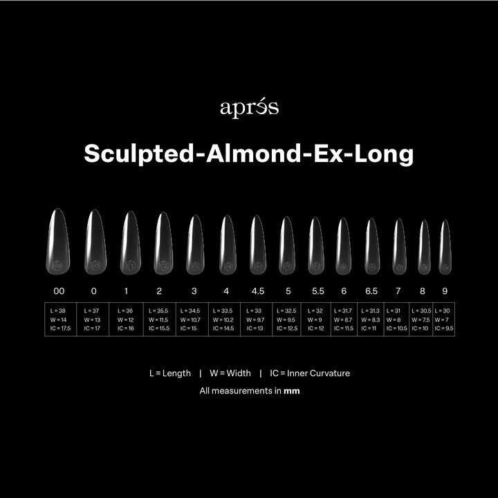 Aprés Gel-X® Sculpted Almond Extra Long Box of Tips - Mini (210pcs) - size chart