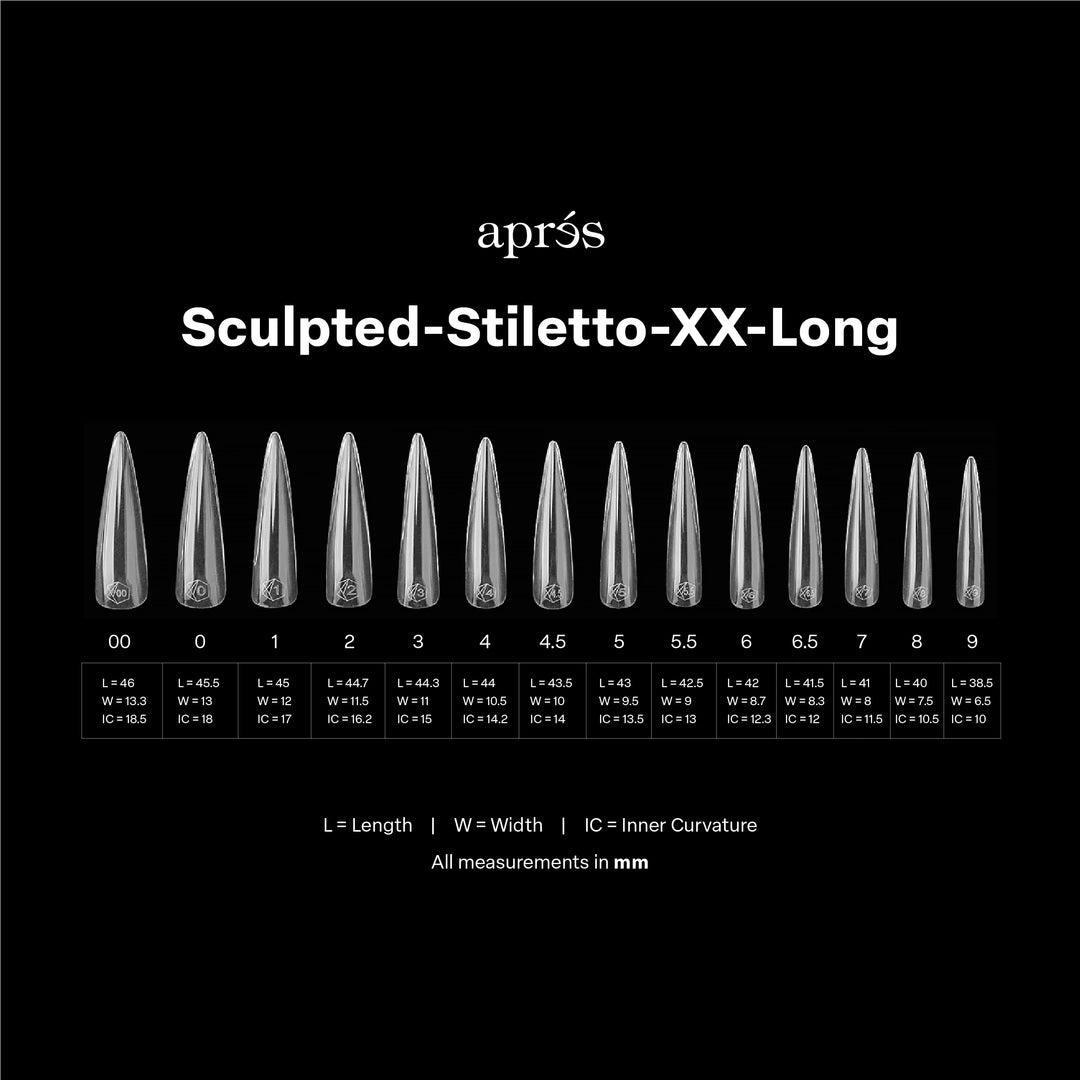 Aprés Gel-X® Sculpted Stiletto Extra Extra Long Box of Tips - Mini (210pcs) - size chart