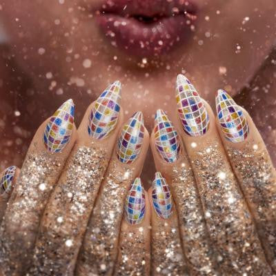 CND Shellac Glittercore nail look with glitter tips and mosaic accent nails