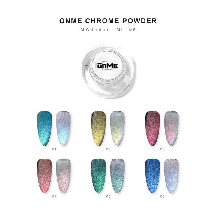 ONME Chrome Powder M Collection – all shades with nail swatches