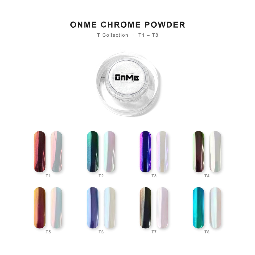 ONME Chrome Powder T Collection – all shades with nail swatches