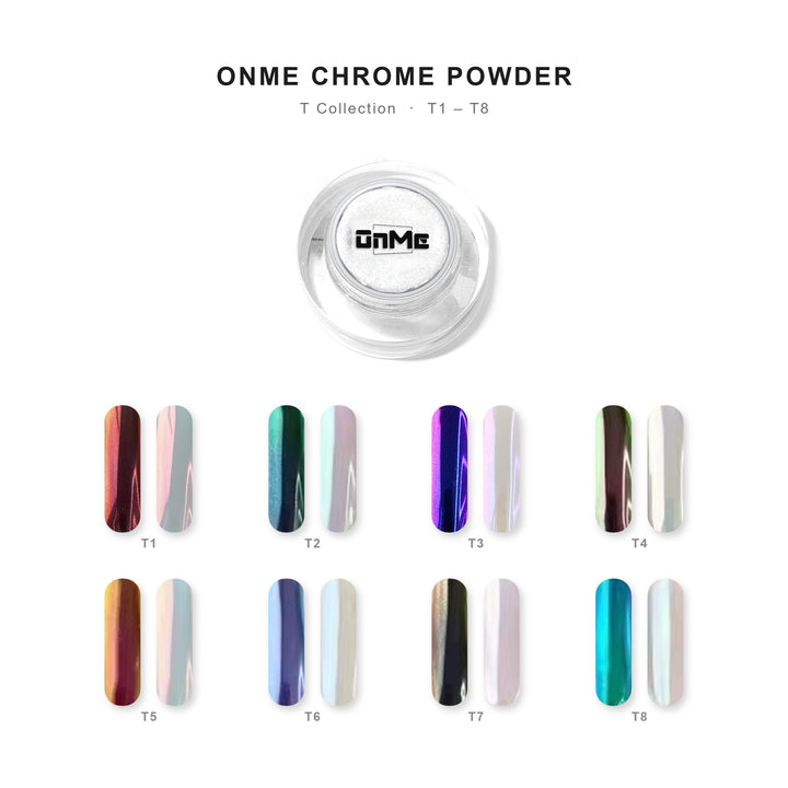 ONME Chrome Powder T Collection – all shades with nail swatches
