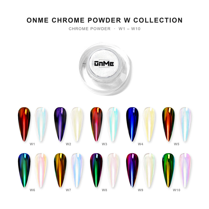 ONME Chrome Powder W Collection – all shades with nail swatches