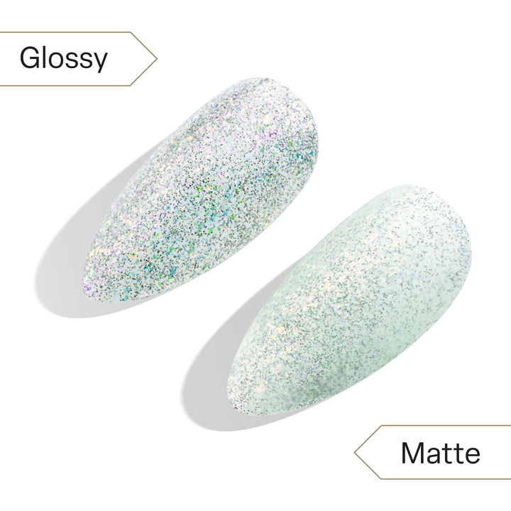 Aprés Flash Glitter Astral Gel Couleur FG01 Wakey Reiki - glossy vs matte finish