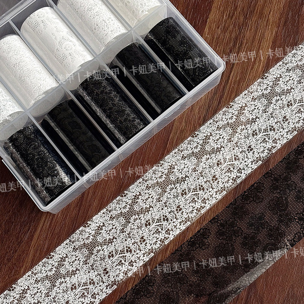 Kaniu Black &amp; White Lace Foil Transfer Roll Sticker 10rolls/Box 