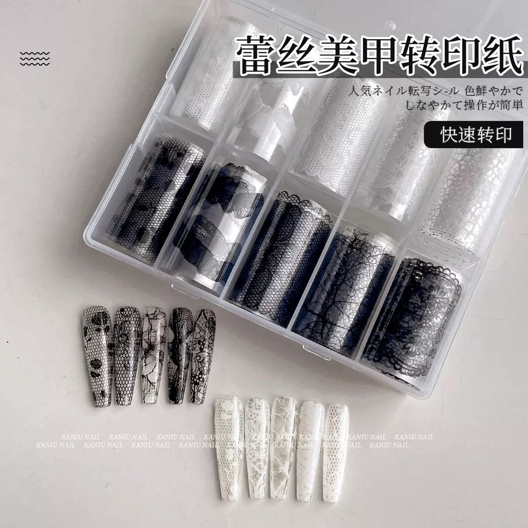 Kaniu Black &amp; White Lace Foil Transfer Roll Sticker 10rolls/Box 