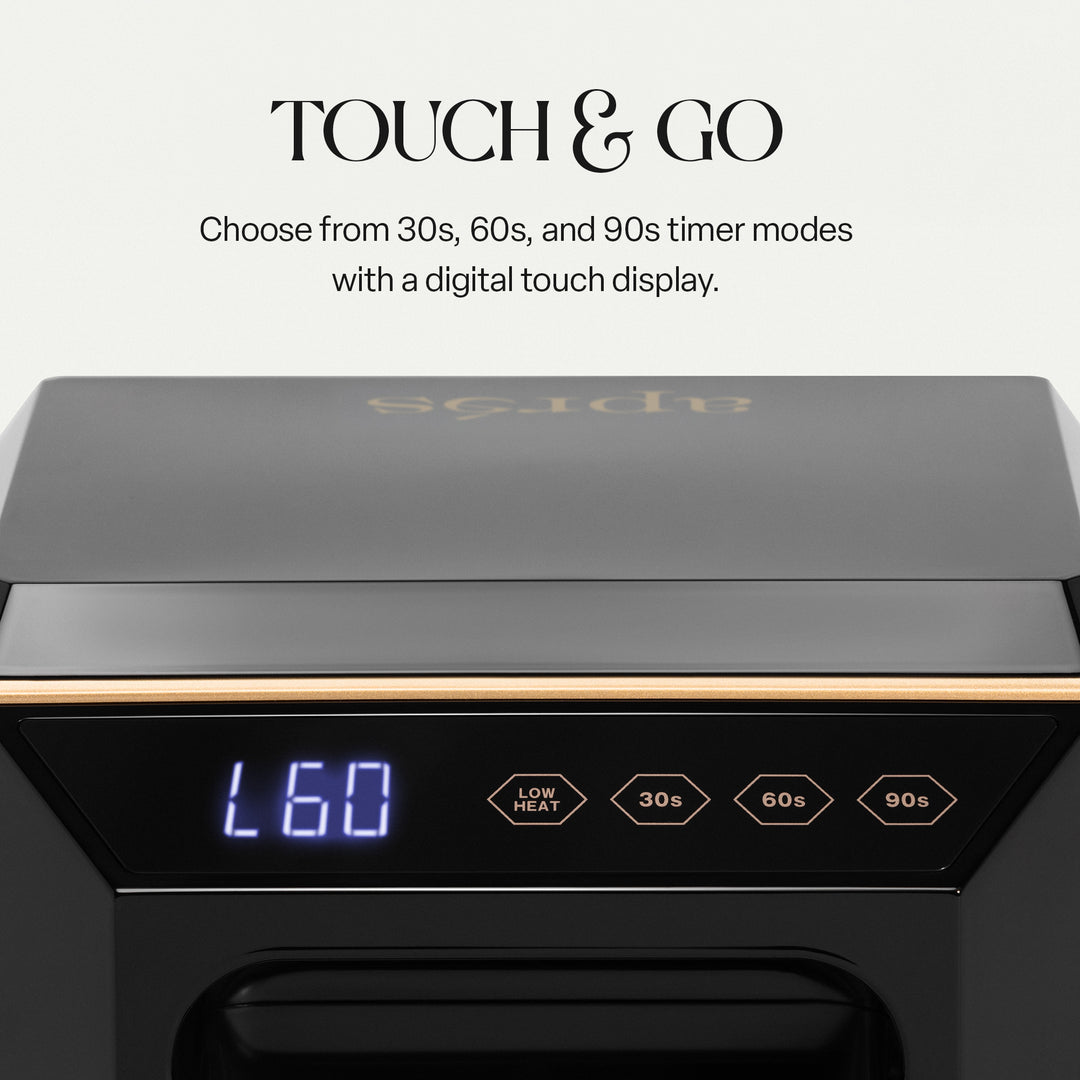 Aprés Mini Nova black touch display showing L60 with LOW HEAT, 30s, 60s and 90s buttons