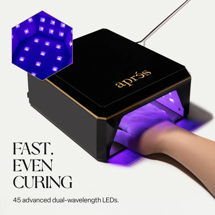 Hand curing inside the Aprés Mini Nova black LED lamp, with a close-up of its 45 dual-wavelength LEDs