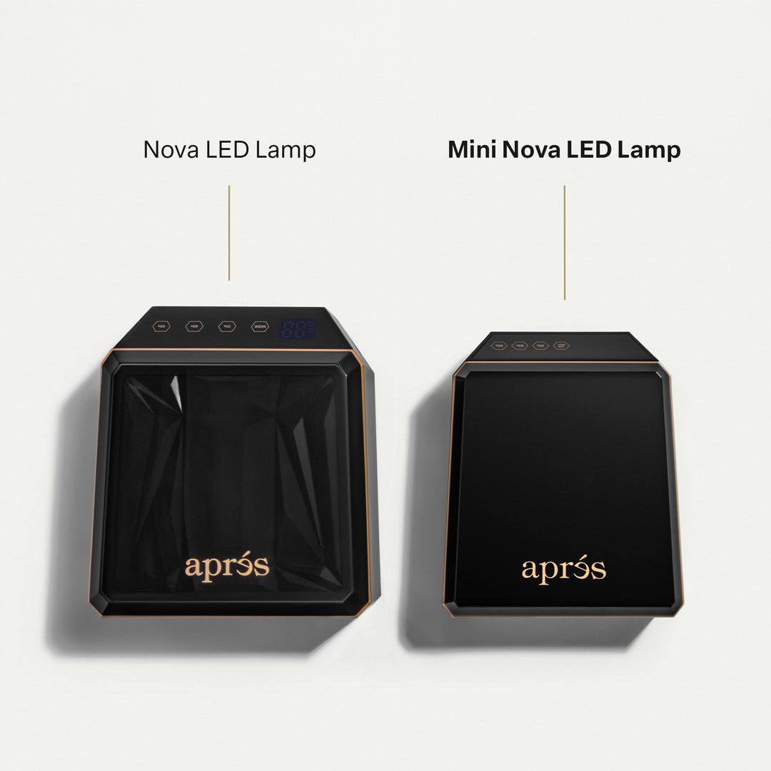 Size comparison of the Aprés Nova LED lamp and the smaller Mini Nova LED lamp in black, top view