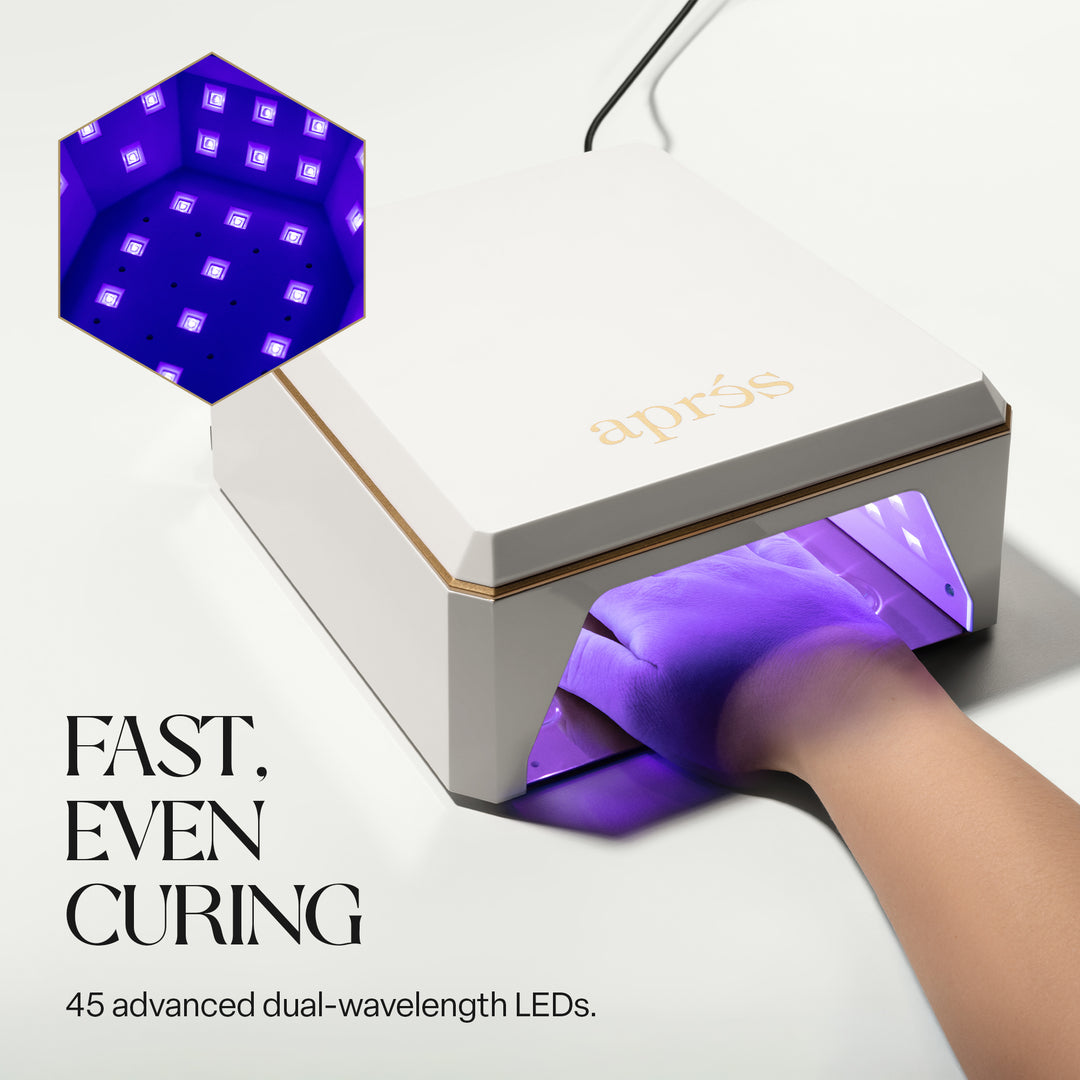 Hand curing inside the Aprés Mini Nova white LED lamp, with a close-up of its 45 dual-wavelength LEDs