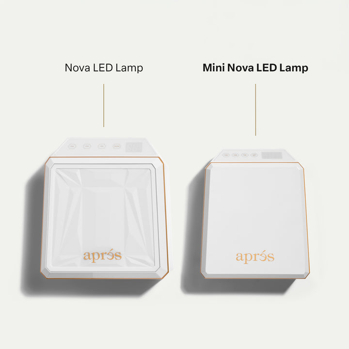 Size comparison of the Aprés Nova LED lamp and the smaller Mini Nova LED lamp in white, top view
