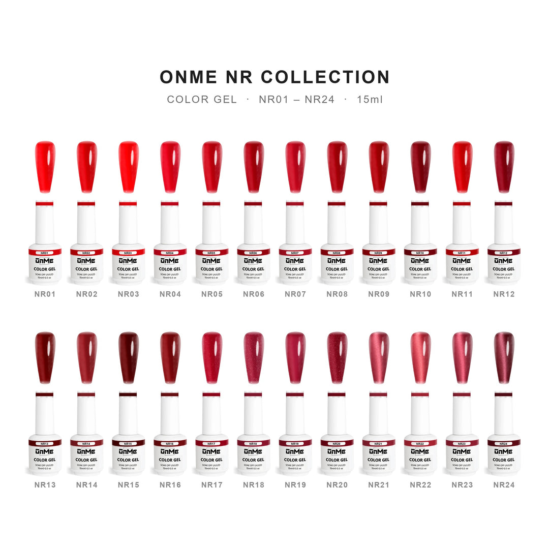 ONME NR Collection, 24 red gel polishes NR01 to NR24 with nail swatches above 15 ml bottles