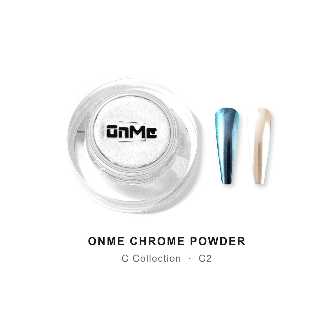 ONME Chrome Powder C2 – teal blue moonlight chrome powder 0.5 g, jar with nail swatches on black base and white base