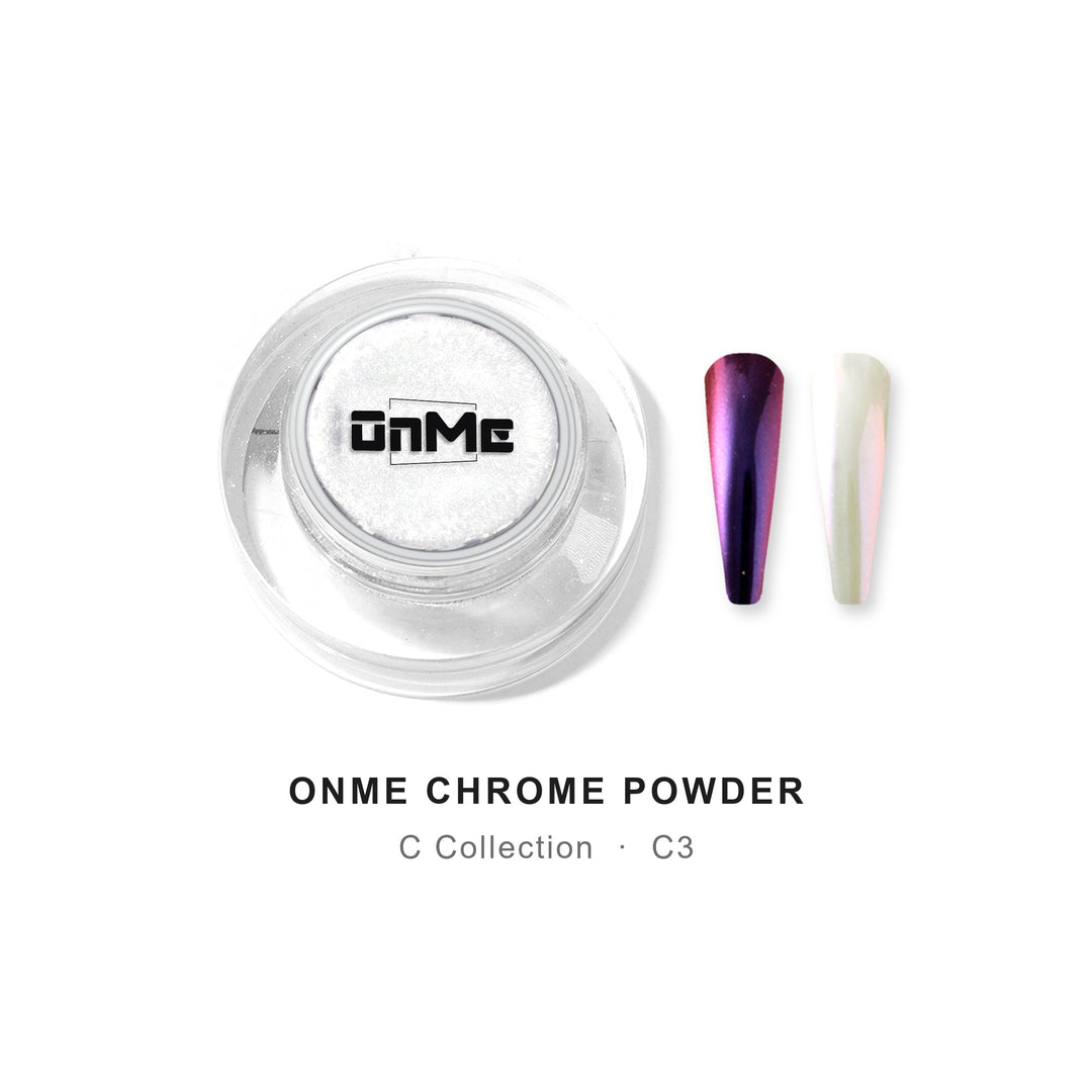 ONME Chrome Powder C3 – magenta–violet moonlight chrome powder 0.5 g, jar with nail swatches on black base and white base