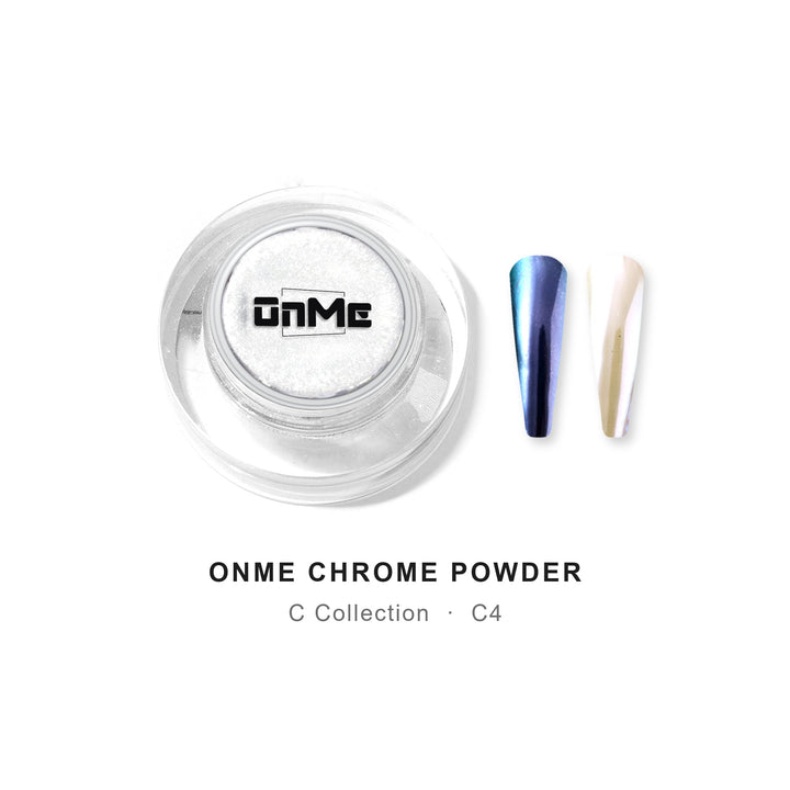 ONME Chrome Powder C4 – blue–teal moonlight chrome powder 0.5 g, jar with nail swatches on black base and white base