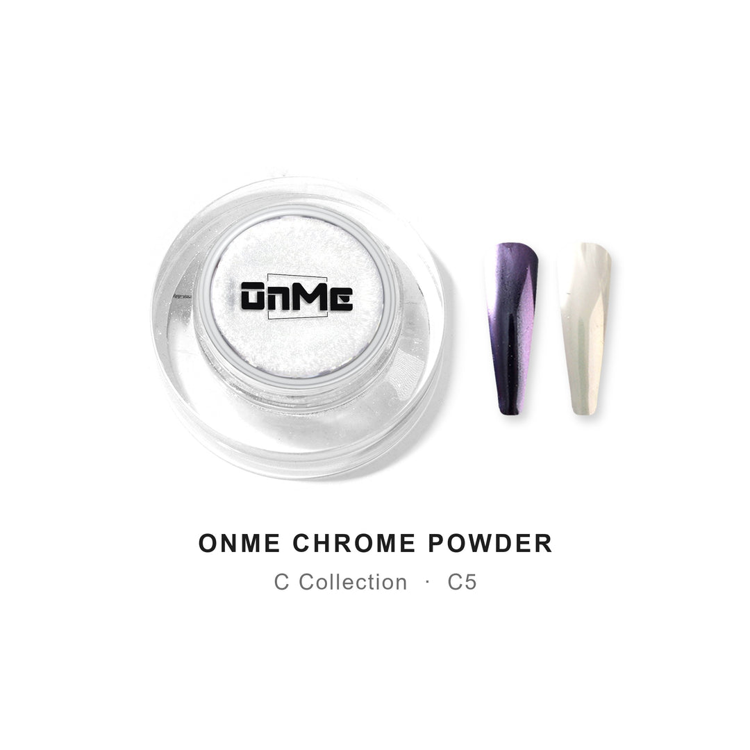 ONME Chrome Powder C5 – violet moonlight chrome powder 0.5 g, jar with nail swatches on black base and white base