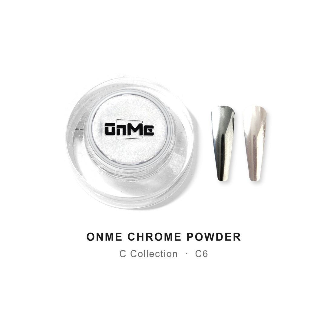 ONME Chrome Powder C6 – silver gunmetal moonlight chrome powder 0.5 g, jar with nail swatches on black base and white base