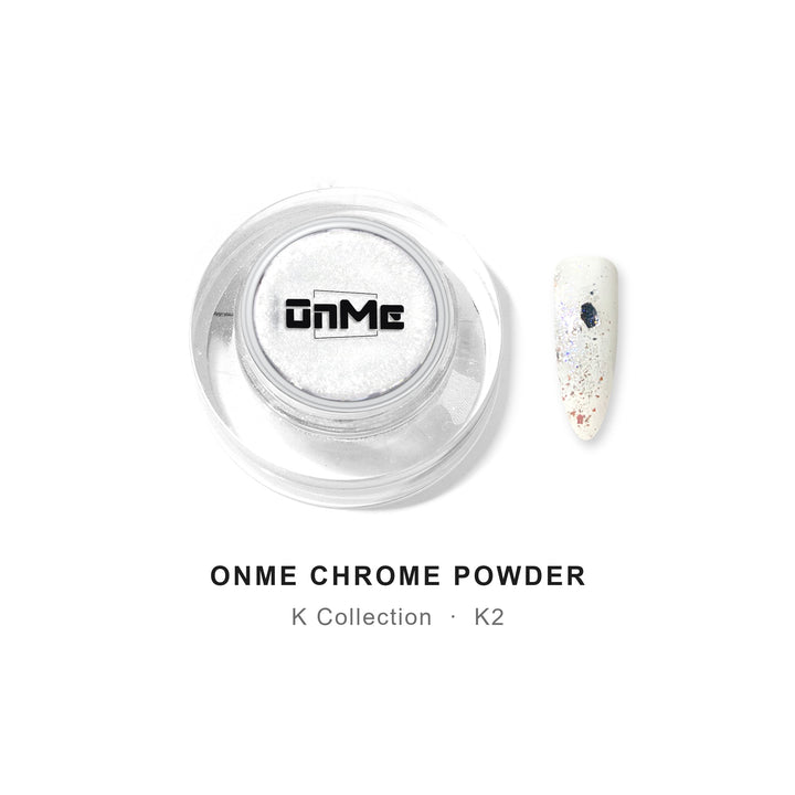 ONME Chrome Powder K2 – holographic with red aurora chrome flakes 0.5 g, jar with nail swatch on white base