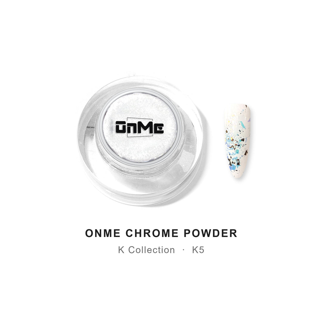 ONME Chrome Powder K5 – aqua–bronze aurora chrome flakes 0.5 g, jar with nail swatch on white base