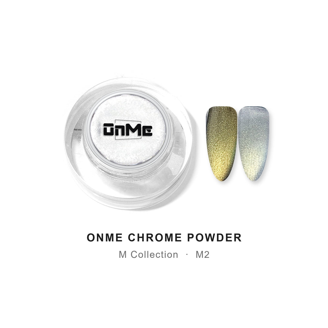 ONME Chrome Powder M2 – olive gold chameleon chrome powder 0.5 g, jar with nail swatches on black base and clear base
