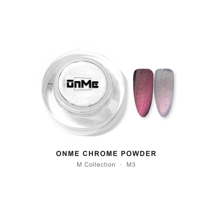 ONME Chrome Powder M3 – magenta chameleon chrome powder 0.5 g, jar with nail swatches on black base and clear base